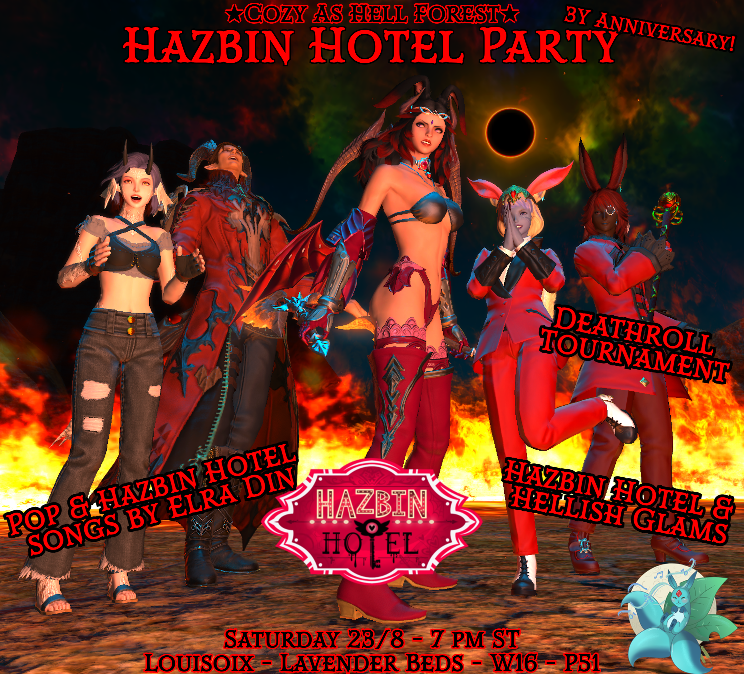 Event image for Cozy Forest 3Y Anniversary! Hazbin Hotel Pop Party! Deathroll Tourney!