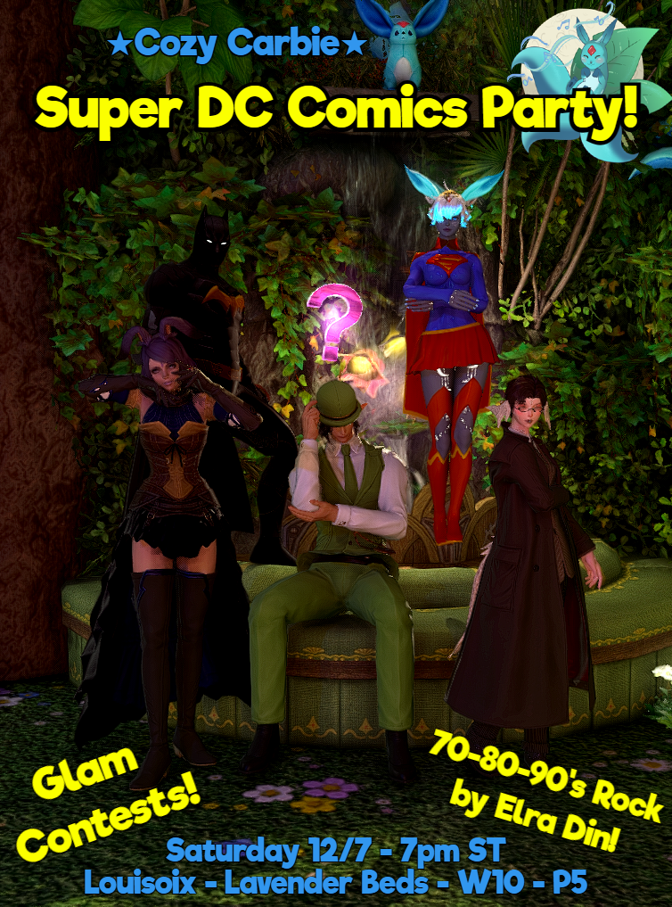 Event image for Cozy Carbie: Super DC Comics Party! 70-80-90s Rock Music! DC Comics Glam Contests!